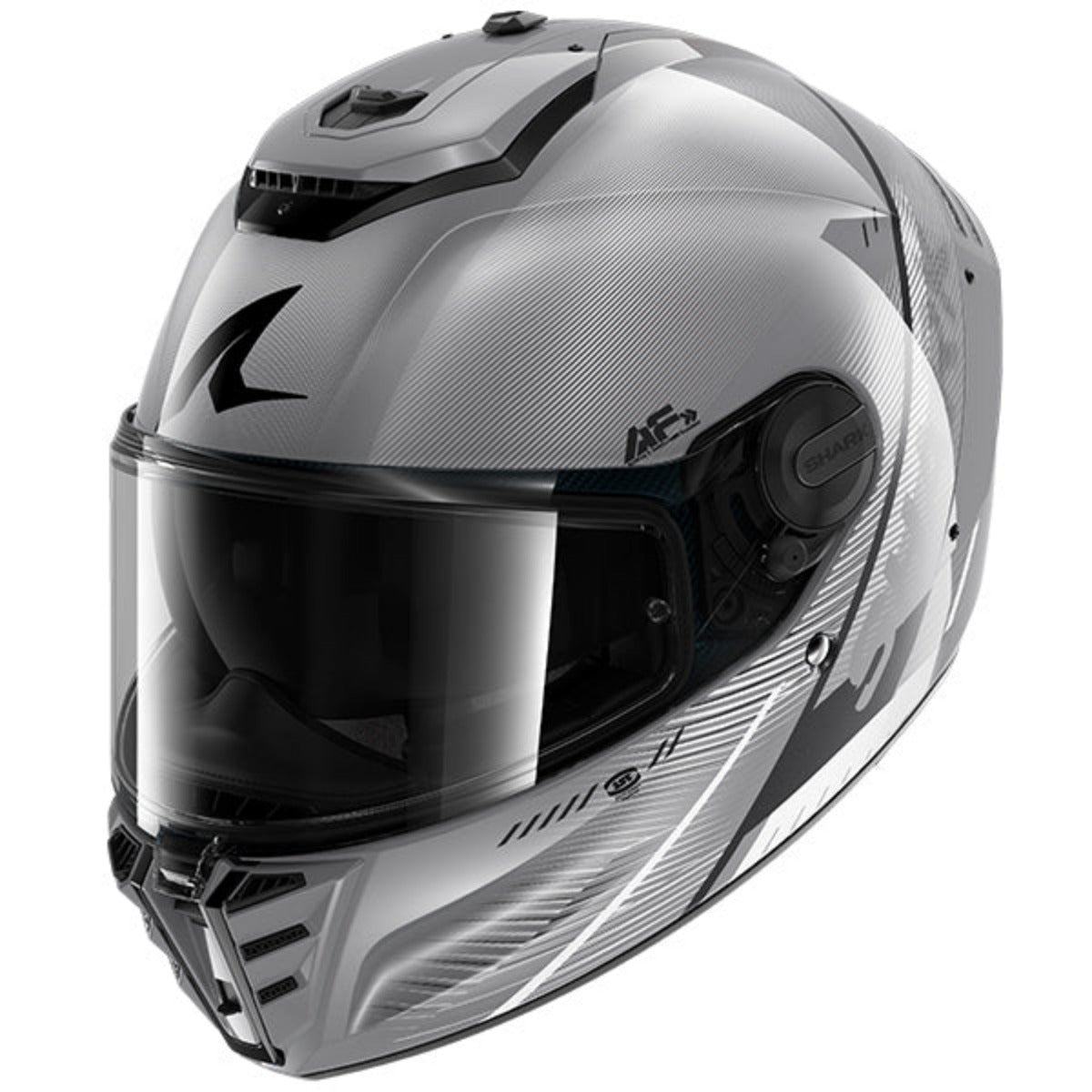 Silver and black motorcycle helmet on a white background