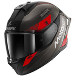 Black motorcycle helmet with red accents and 'Shark' branding on a white background