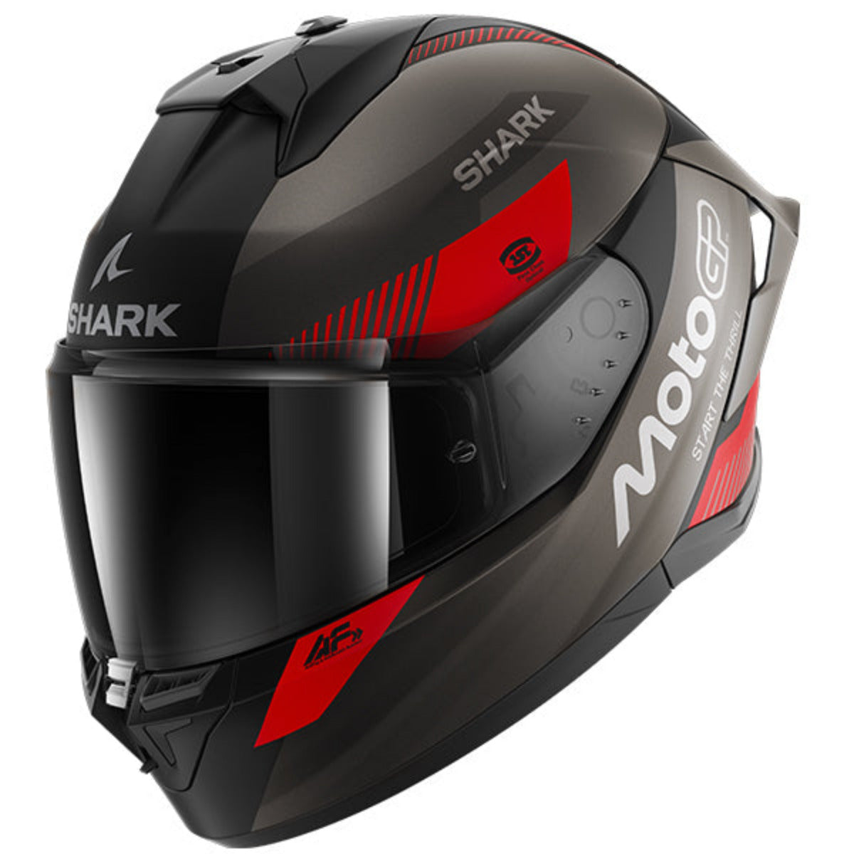 Black motorcycle helmet with red accents and 'Shark' branding on a white background