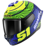 Colorful motorcycle helmet with 'Shark' branding on a white background