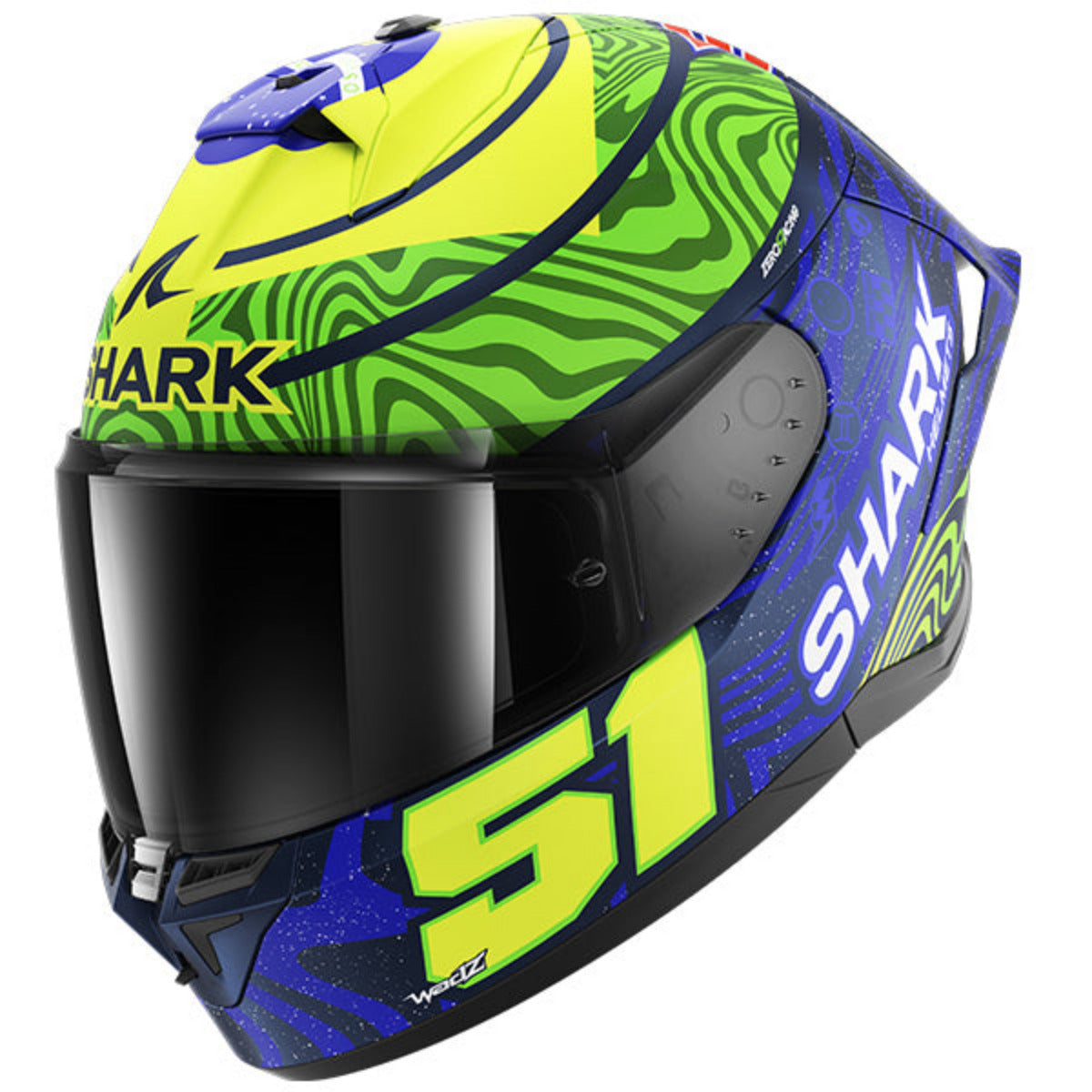 Colorful motorcycle helmet with 'Shark' branding on a white background