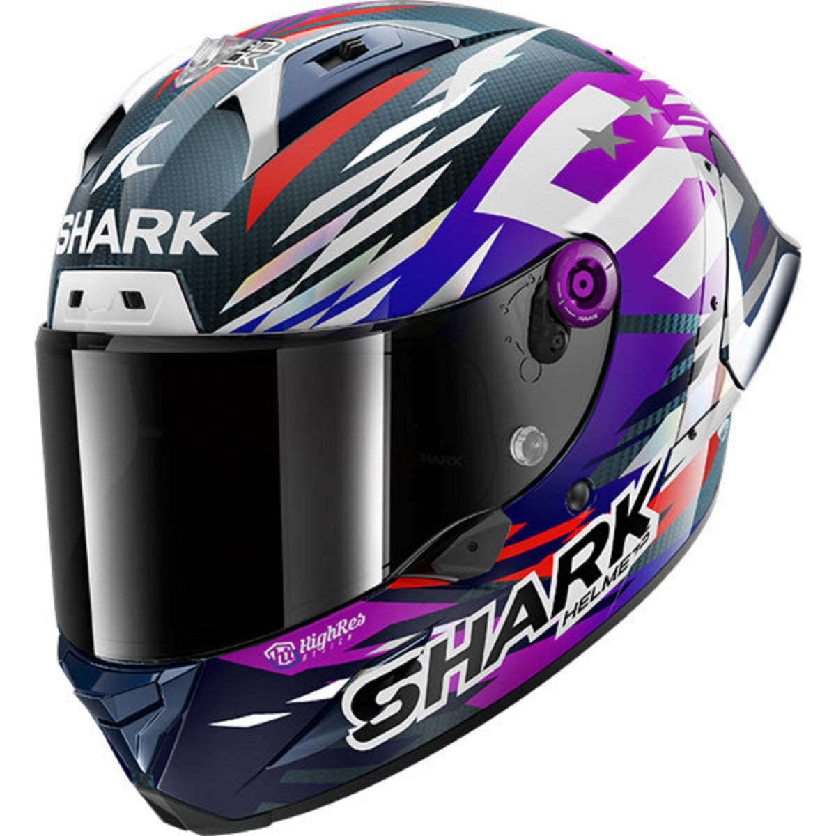 Shark motorcycle helmet with colorful design on a white background
