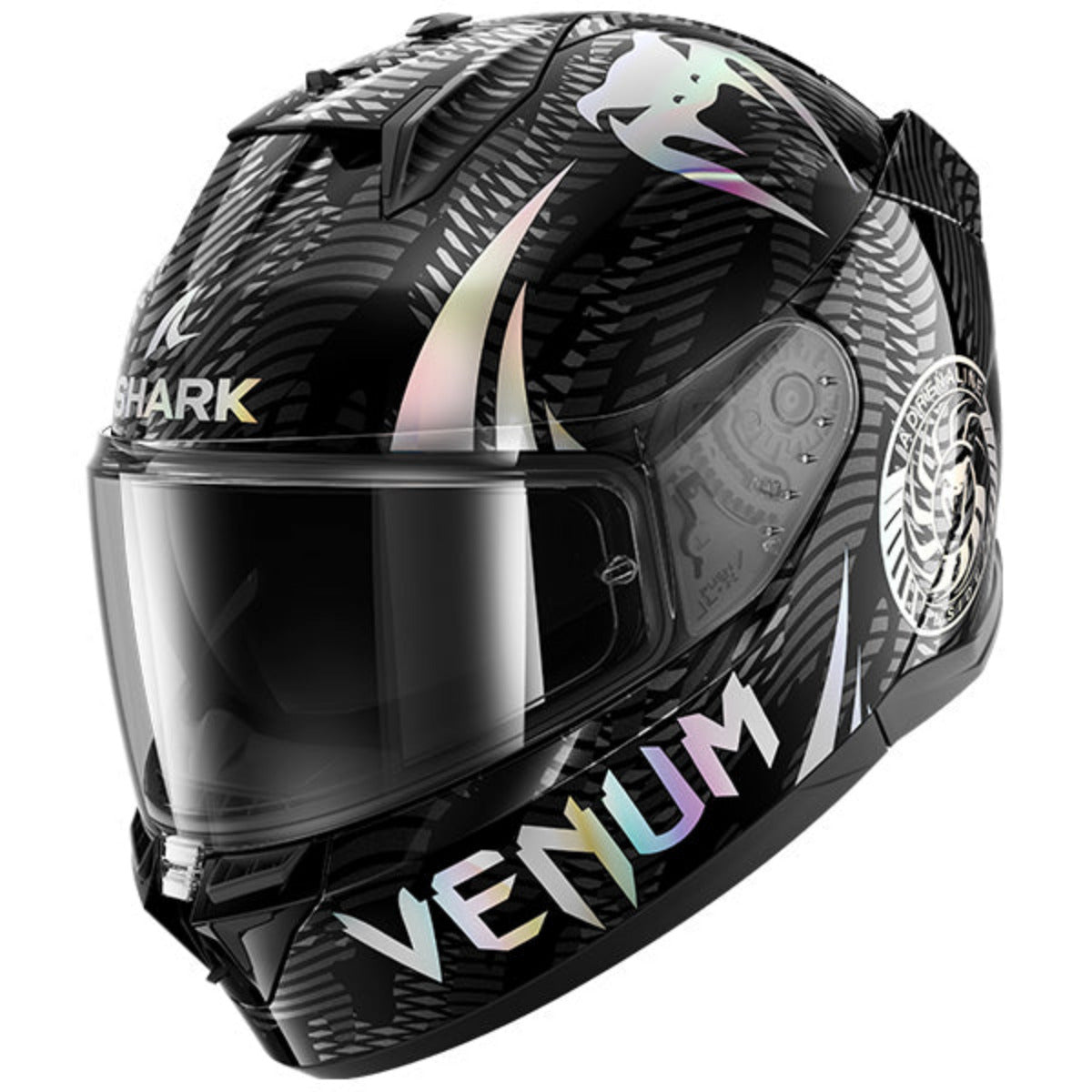 Shark Venum motorcycle helmet with black and multicolor design on a white background