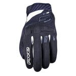 A single black and white motocross glove shown from the back, featuring the brand name 'FIVE' in white on the back of the hand and a stylized 'F' logo on the back of the wrist.