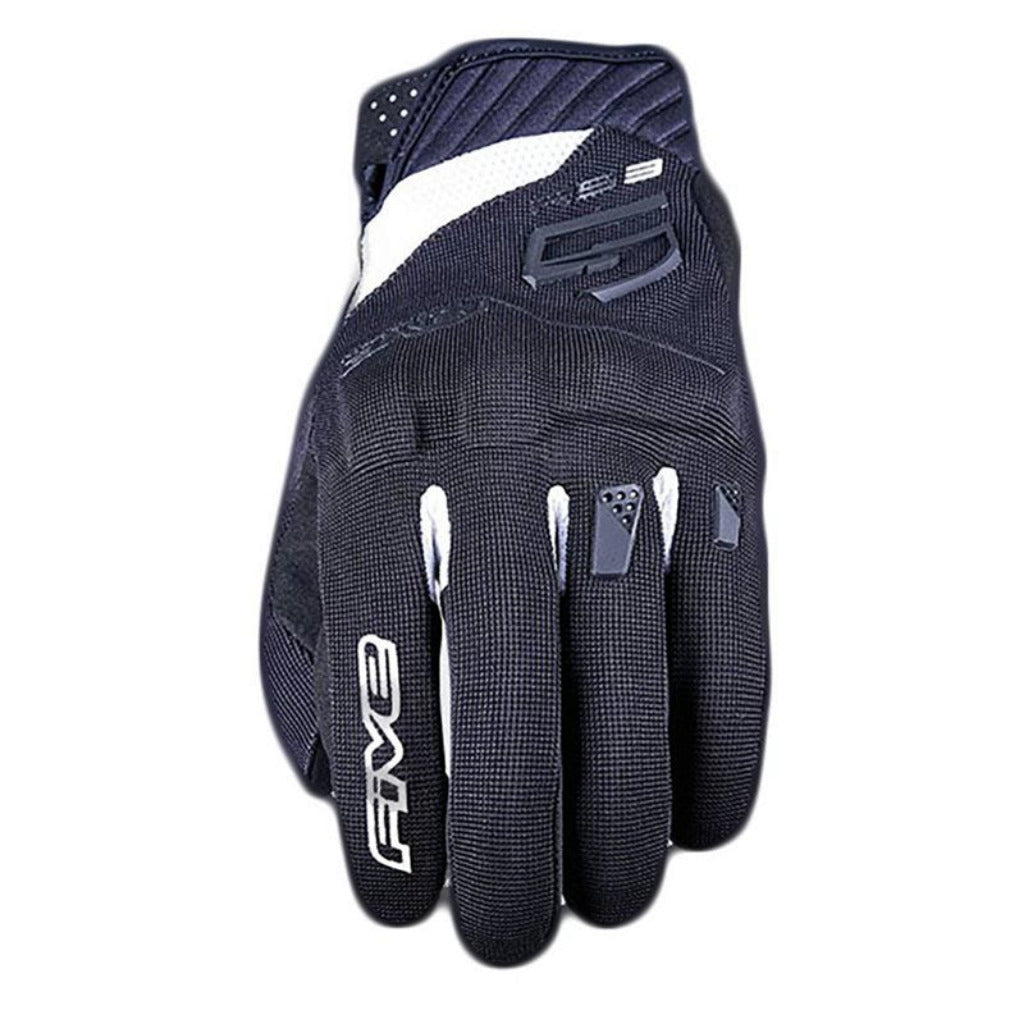 A single black and white motocross glove shown from the back, featuring the brand name 'FIVE' in white on the back of the hand and a stylized 'F' logo on the back of the wrist.