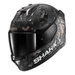 A full-face motorcycle helmet by Shark, featuring a dark gray and black digital camouflage pattern with beige star accents and a dark visor, shown on a plain white background.