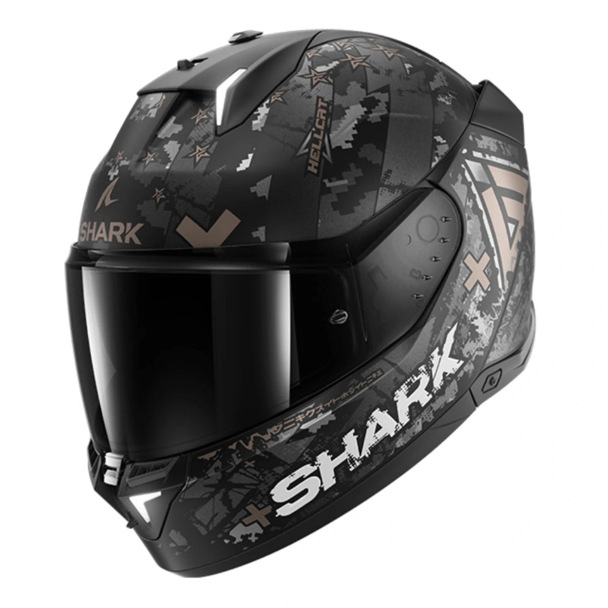 A full-face motorcycle helmet by Shark, featuring a dark gray and black digital camouflage pattern with beige star accents and a dark visor, shown on a plain white background.