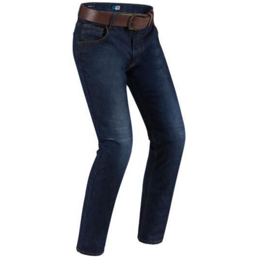 Dark blue jeans with a brown belt on a white background