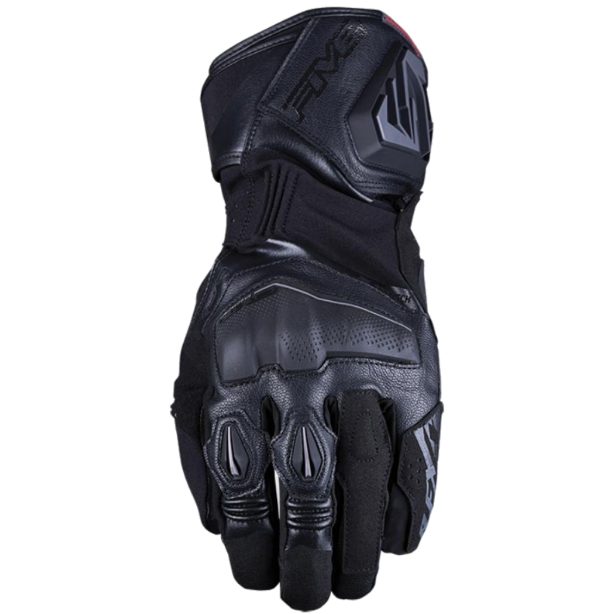 A single black motorcycle glove with protective leather panels and textured grip fabric on the fingers, shown against a plain white background.