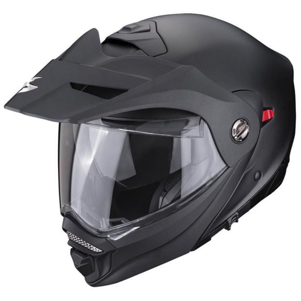 Black motorcycle helmet with clear visor on a white background