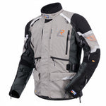 Gray and black motorcycle jacket with brand logos on a white background