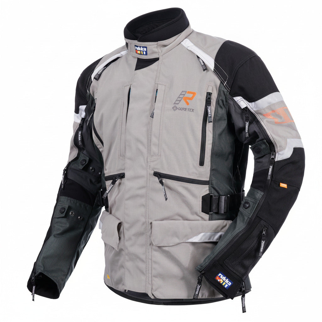 Gray and black motorcycle jacket with brand logos on a white background