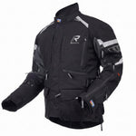 A black Gore-Tex motorcycle jacket with gray and white reflective panels, shown on a plain white background.