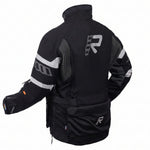 Black motorcycle jacket with reflective silver stripes and a large silver 'R' logo on the back, shown on a white background.