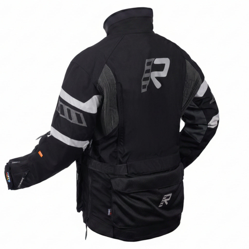 Black motorcycle jacket with reflective silver stripes and a large silver 'R' logo on the back, shown on a white background.