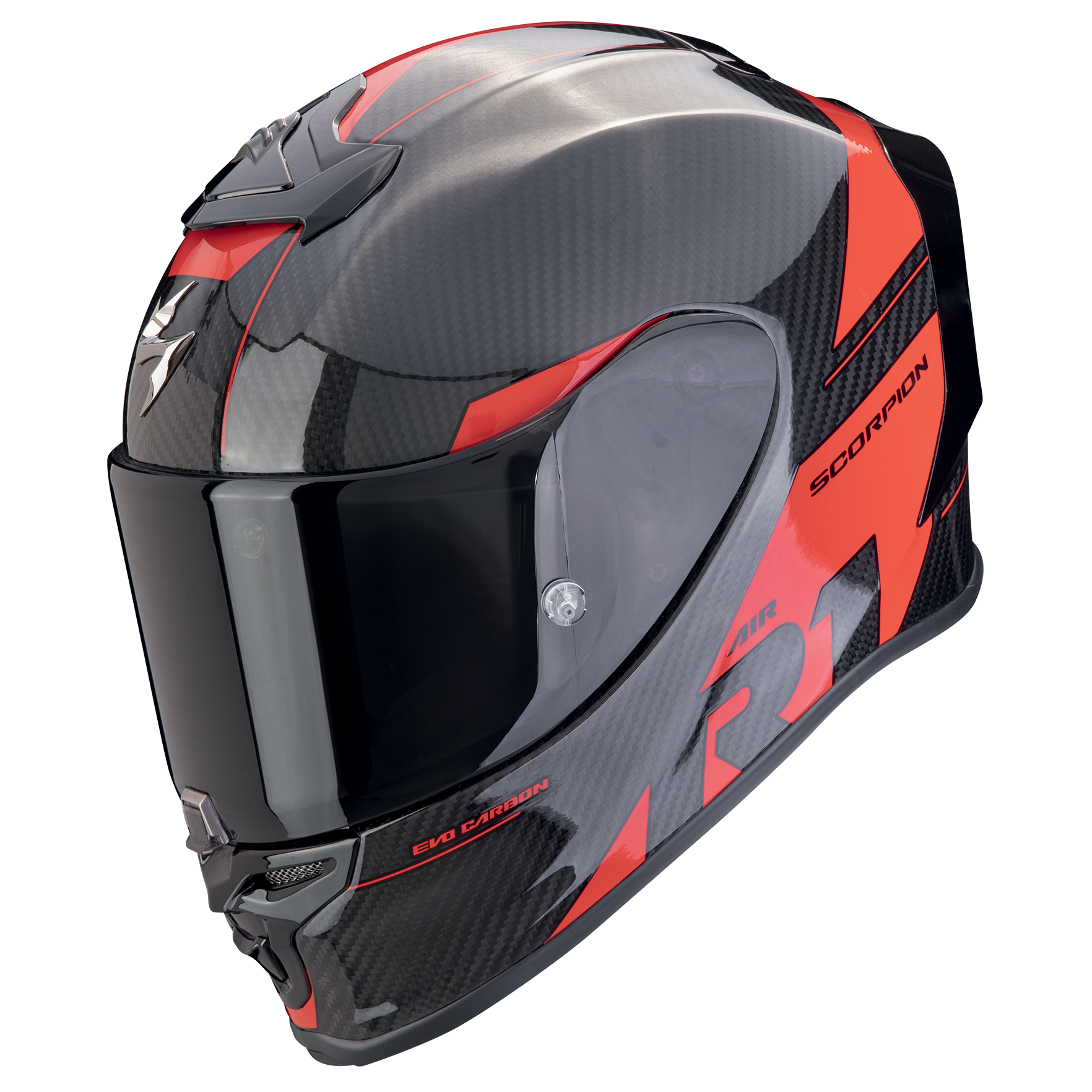 A full-face motorcycle helmet in a glossy black and red carbon fiber pattern, featuring a dark visor and visible 'SCORPION' branding on the side.