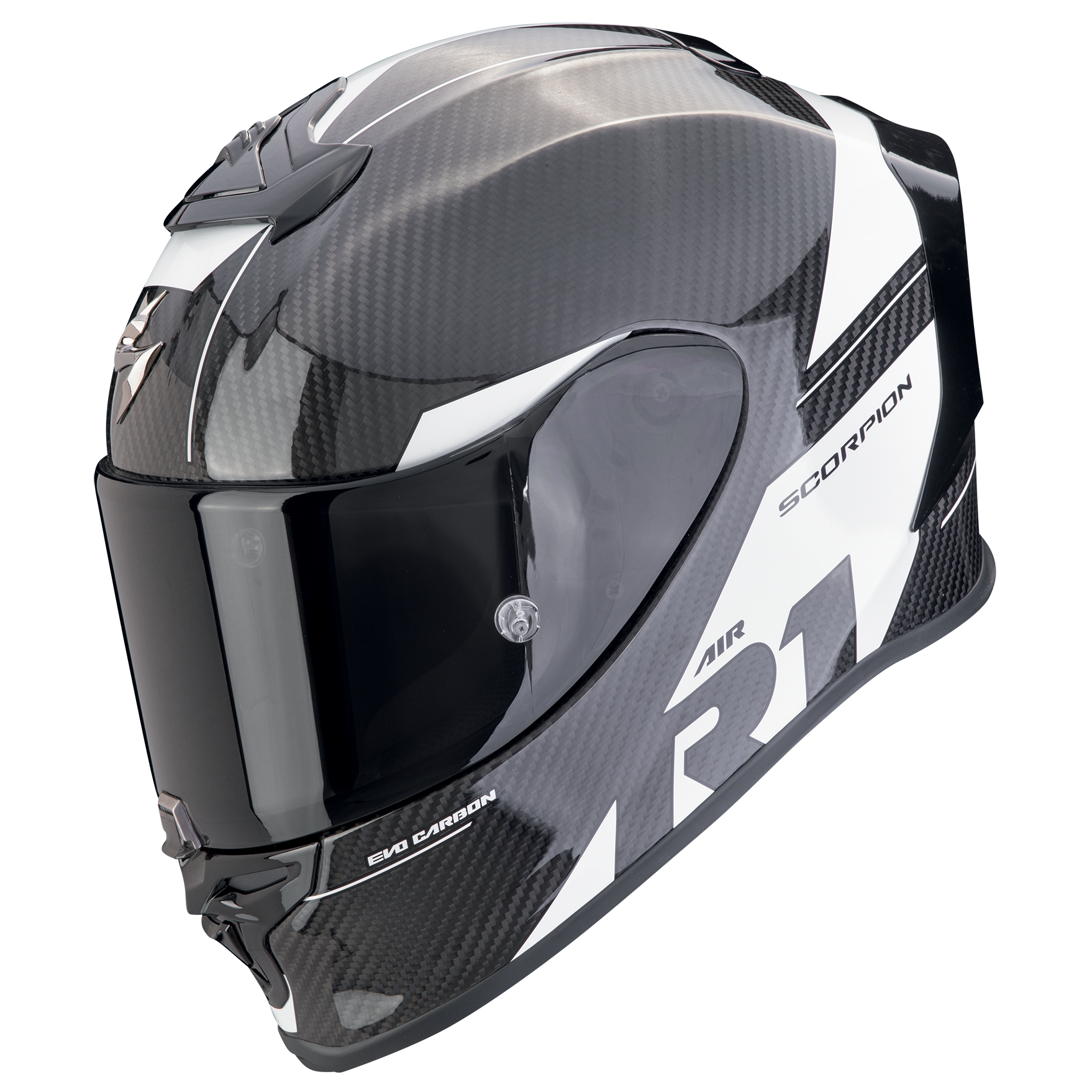 A carbon fiber full-face motorcycle helmet with a glossy black visor, featuring white and gray graphic accents and the 'SCORPION' brand name on the side.
