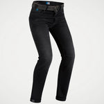 Black slim-fit motorcycle jeans with a matching black belt, shown on a light gray background.