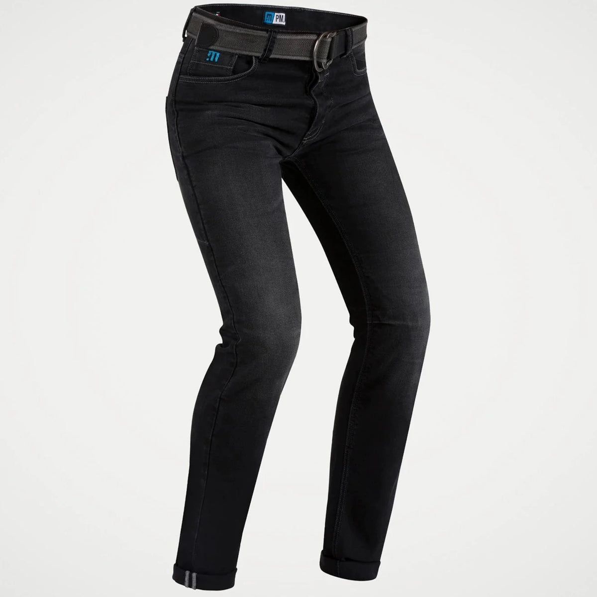 Black slim-fit motorcycle jeans with a matching black belt, shown on a light gray background.