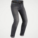 A pair of slim-fit dark gray denim jeans with a faded wash, shown on a ghost mannequin against a light gray background.