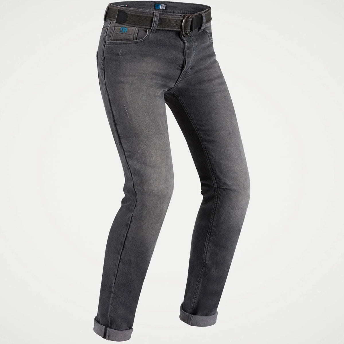 A pair of slim-fit dark gray denim jeans with a faded wash, shown on a ghost mannequin against a light gray background.