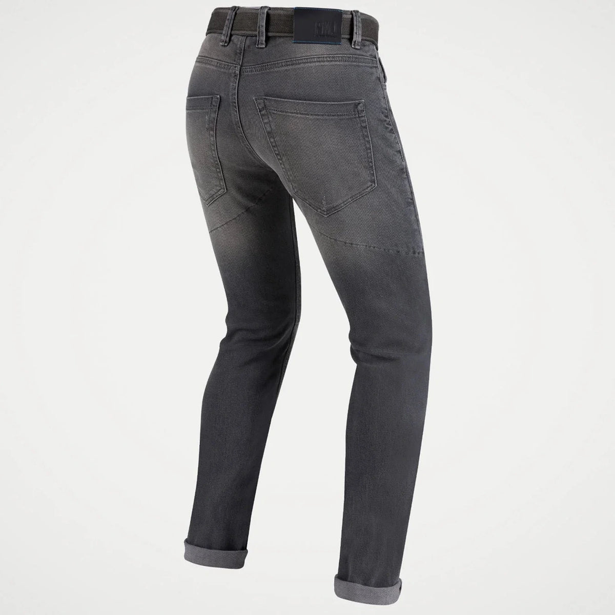 A pair of dark gray slim-fit jeans shown from the back, featuring a faded wash on the thighs and cuffed hems, set against a plain white background.