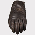 A single dark brown leather motorcycle glove with textured panels and 'FIVE' branding, shown against a light gray background.