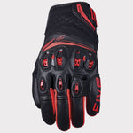 A single black leather motorcycle glove with red accents, featuring protective knuckle inserts and the brand name 'FIVE' printed vertically on the back, set against a light gray background.