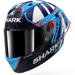 A full-face motorcycle helmet by Shark, featuring a blue, white, and black graphic design with red accents and a dark visor, shown on a clean white background.