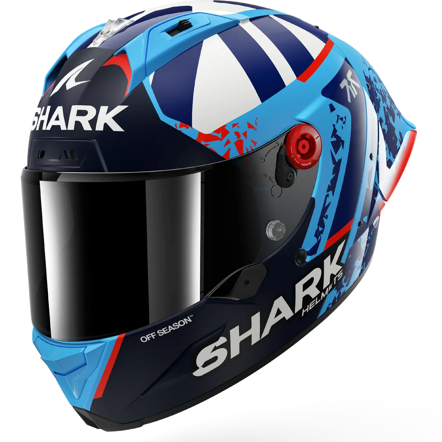 A full-face motorcycle helmet by Shark, featuring a blue, white, and black graphic design with red accents and a dark visor, shown on a clean white background.