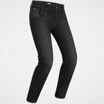 Black slim-fit denim jeans shown on a ghost mannequin against a light gray background.