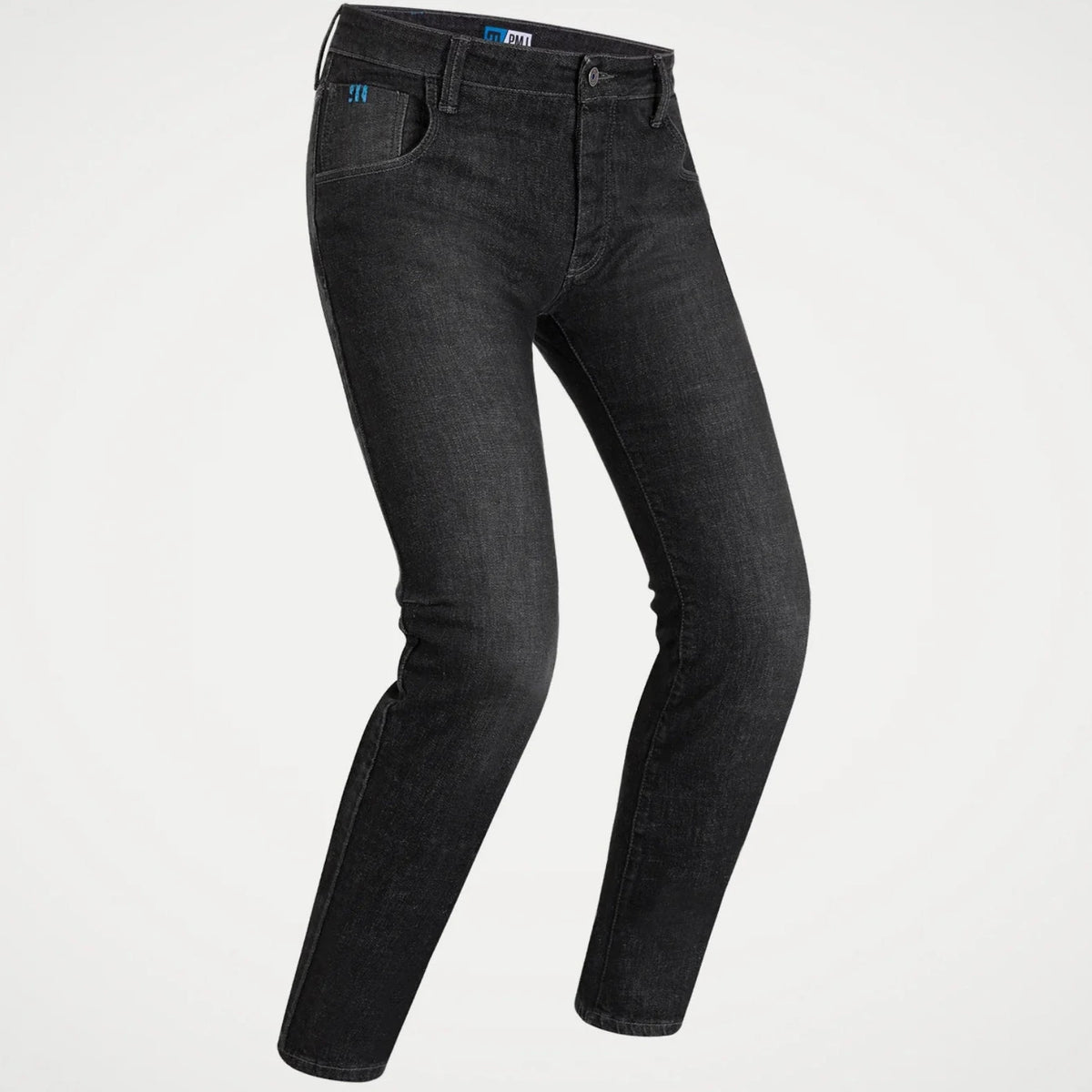 Black slim-fit denim jeans shown on a ghost mannequin against a light gray background.