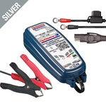 Optimate 3 battery charger with clamps and cables on a white background