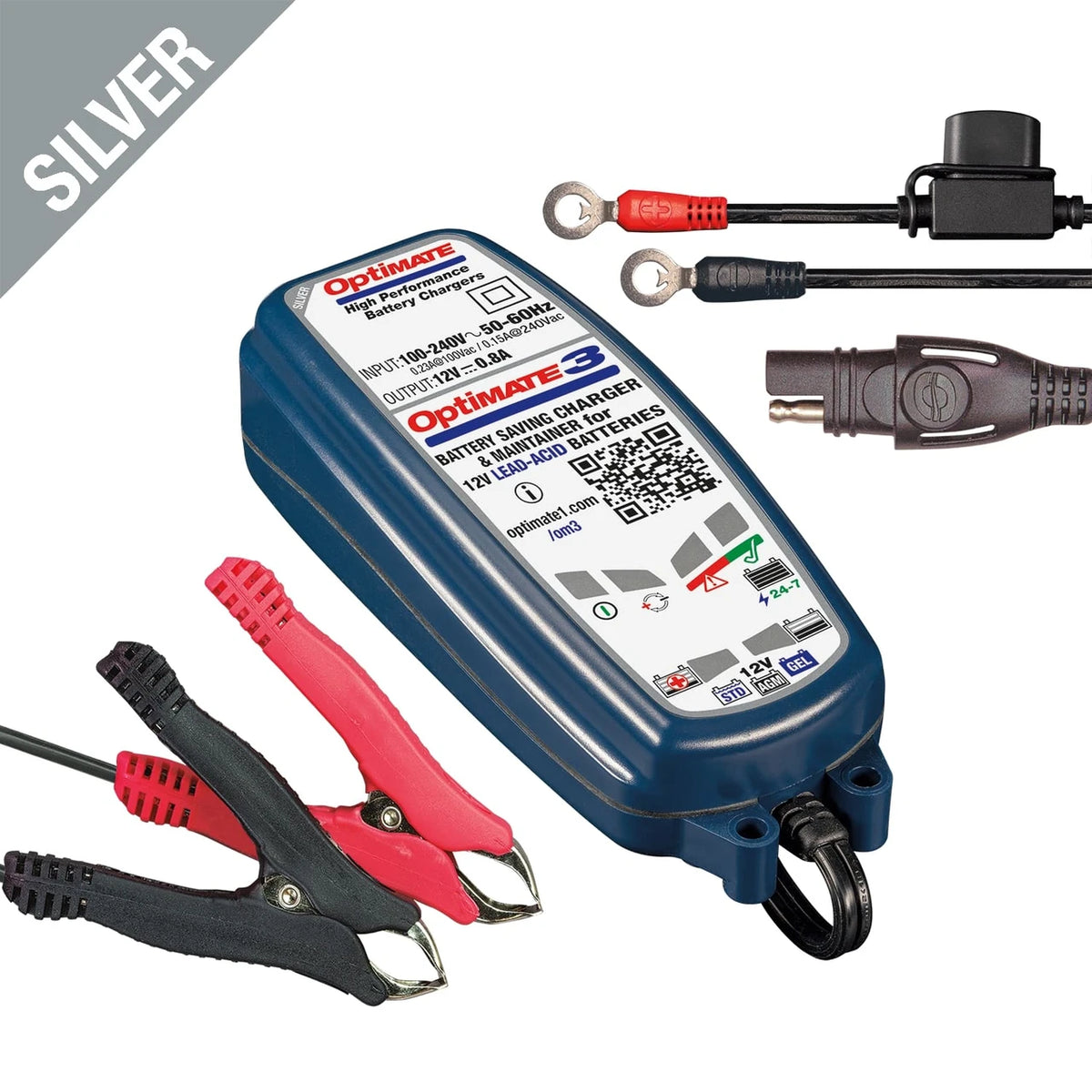 Optimate 3 battery charger with clamps and cables on a white background