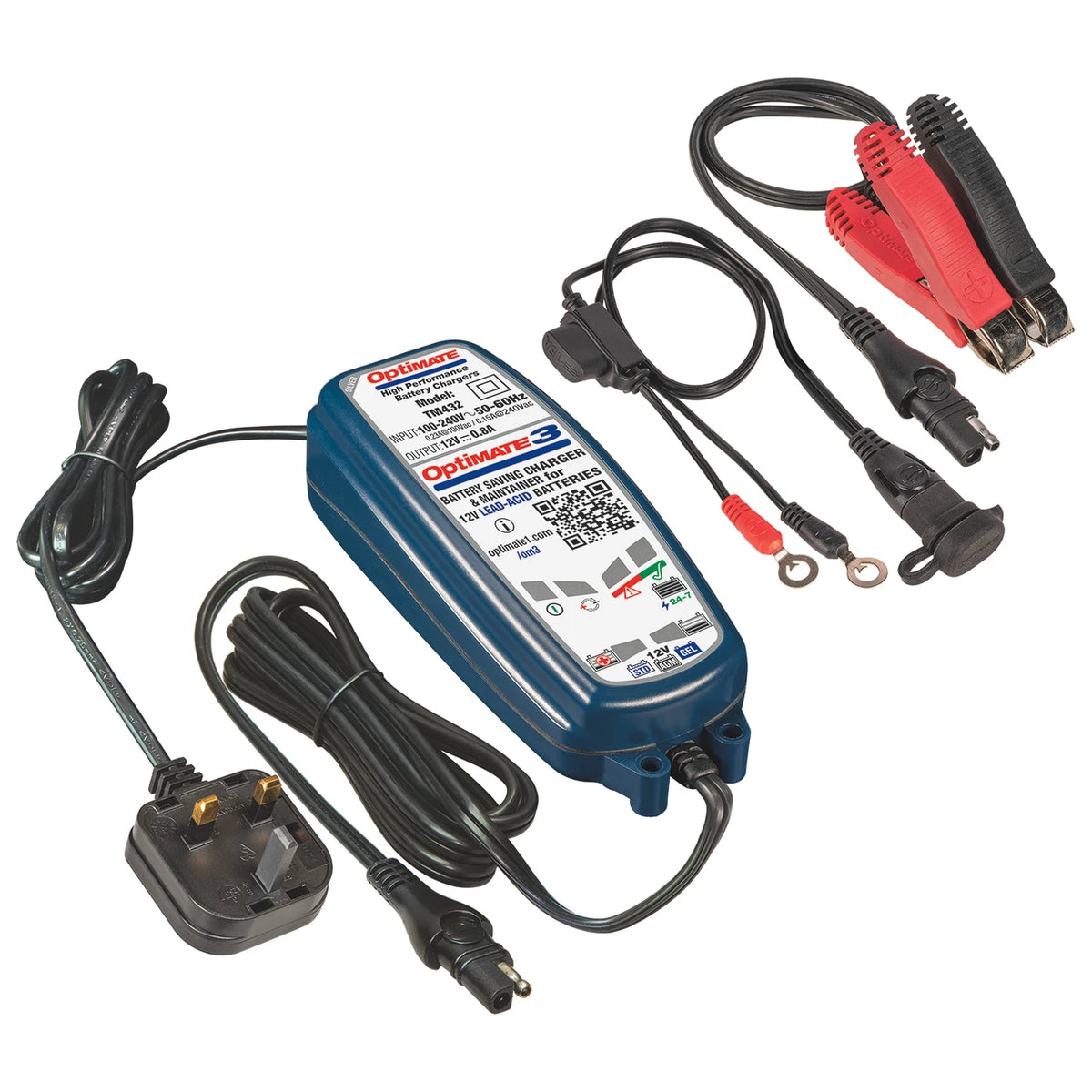 An Optimate 3 battery charger with its power cord, test leads, and clamp connectors, displayed on a clean white background.