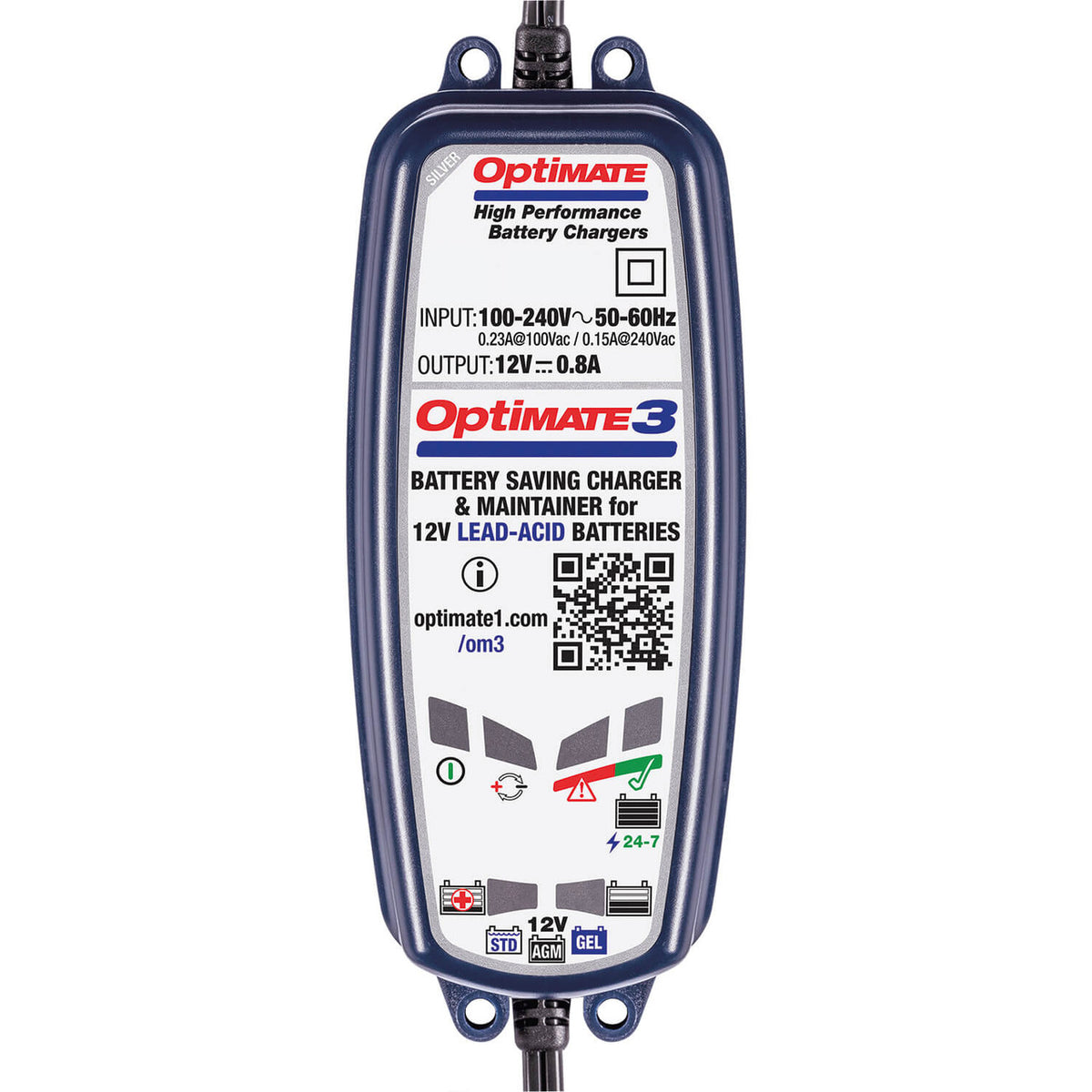 Optimate Optimate 3 High Performance Battery Charger and Maintainer for 12V lead-acid batteries, shown against a plain white background.