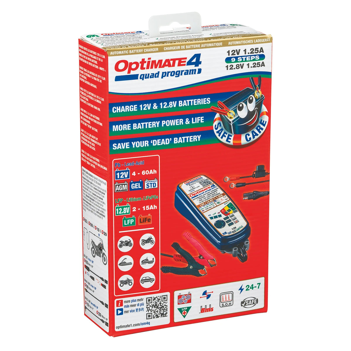 Optimate 4 Quad Program battery charger retail box, featuring a red and white package design with blue and yellow accents, showcasing the multicolor device and safety icons.
