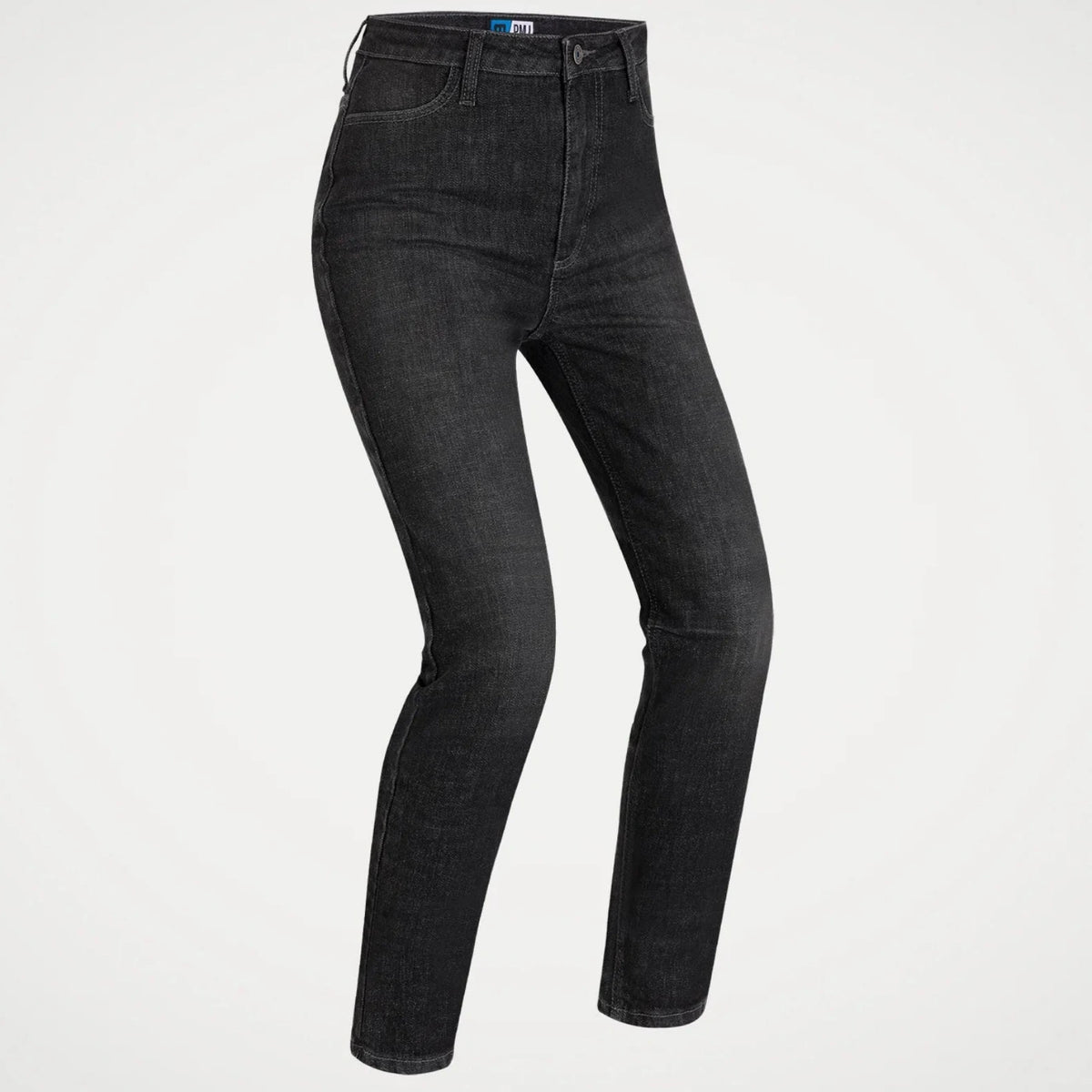 A pair of slim-fit black denim jeans shown on a ghost mannequin against a plain white background.