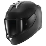A matte black full-face motorcycle helmet with a dark visor, shown from a three-quarters angle on a solid white background.