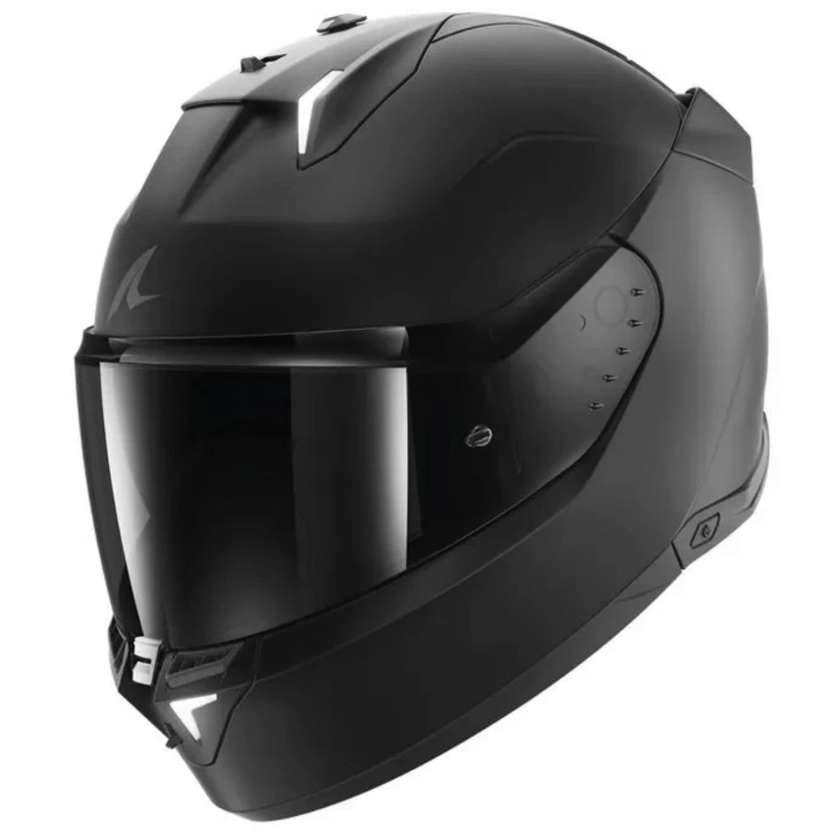 A matte black full-face motorcycle helmet with a dark visor, shown from a three-quarters angle on a solid white background.