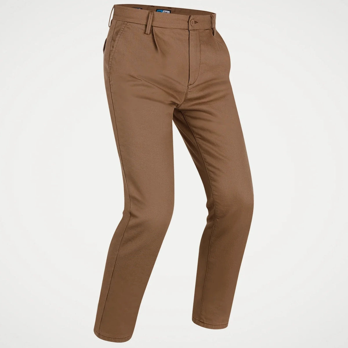 A pair of men's slim-fit chino pants in a warm brown or tan color, shown on a clean white background.