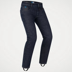 Dark navy blue denim jeans shown on a ghost mannequin against a light gray background.