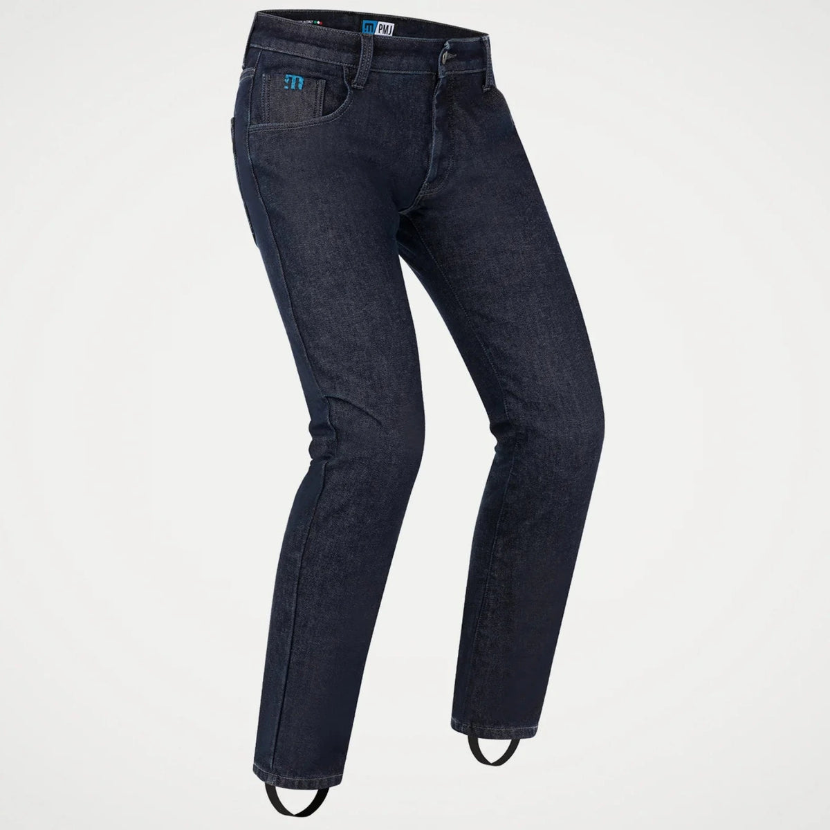 Dark navy blue denim jeans shown on a ghost mannequin against a light gray background.