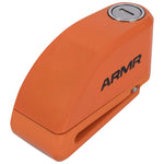 Orange bike lock with 'ARMR' branding on a white background