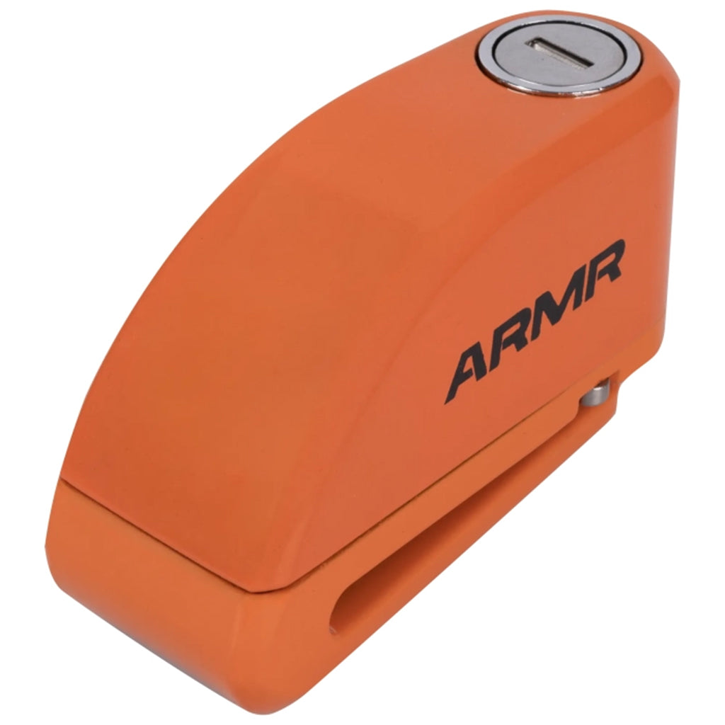 Orange bike lock with 'ARMR' branding on a white background