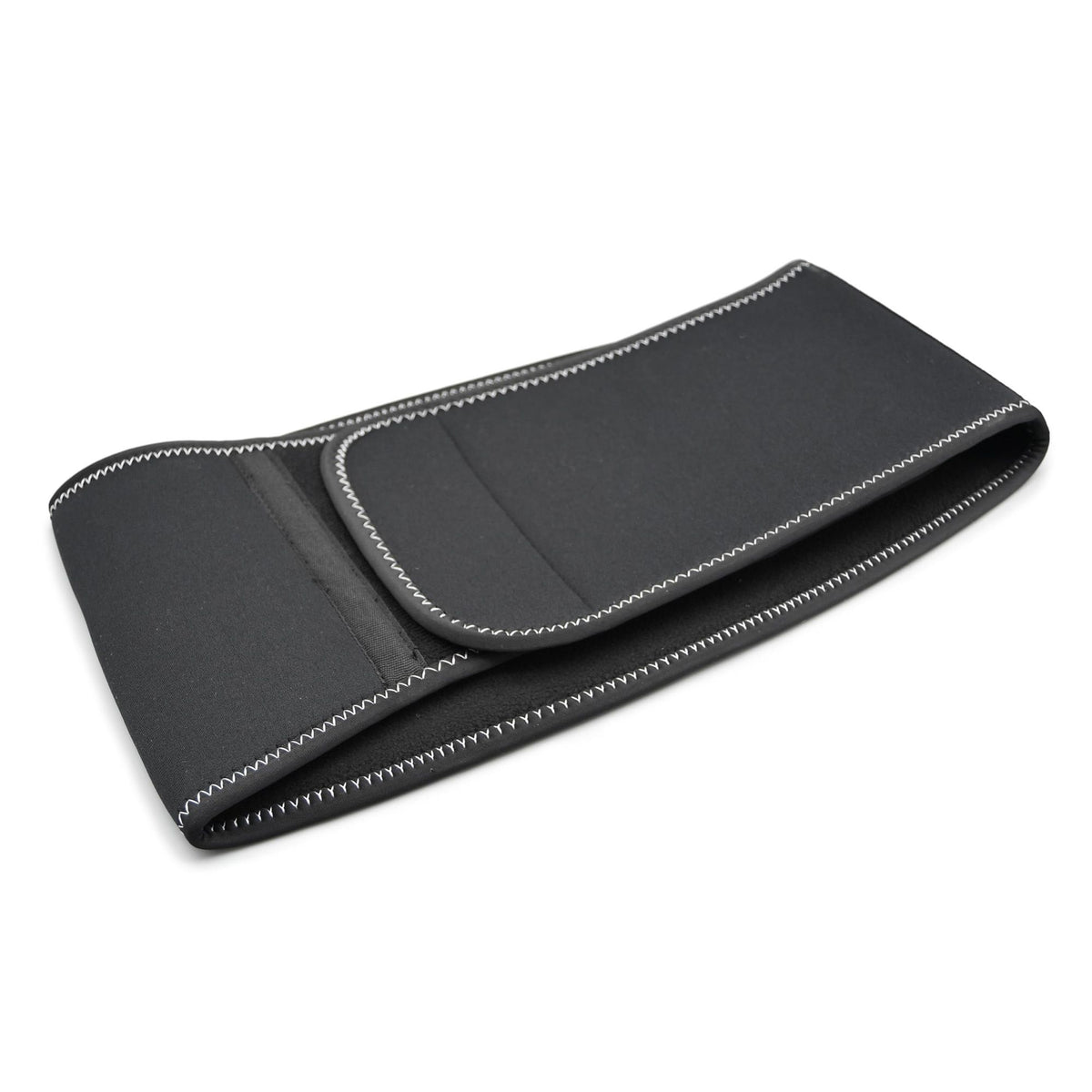A black neoprene waist belt with white contrast stitching, folded to show its interior and exterior texture on a white background. bikeit motorcycle waist warmer