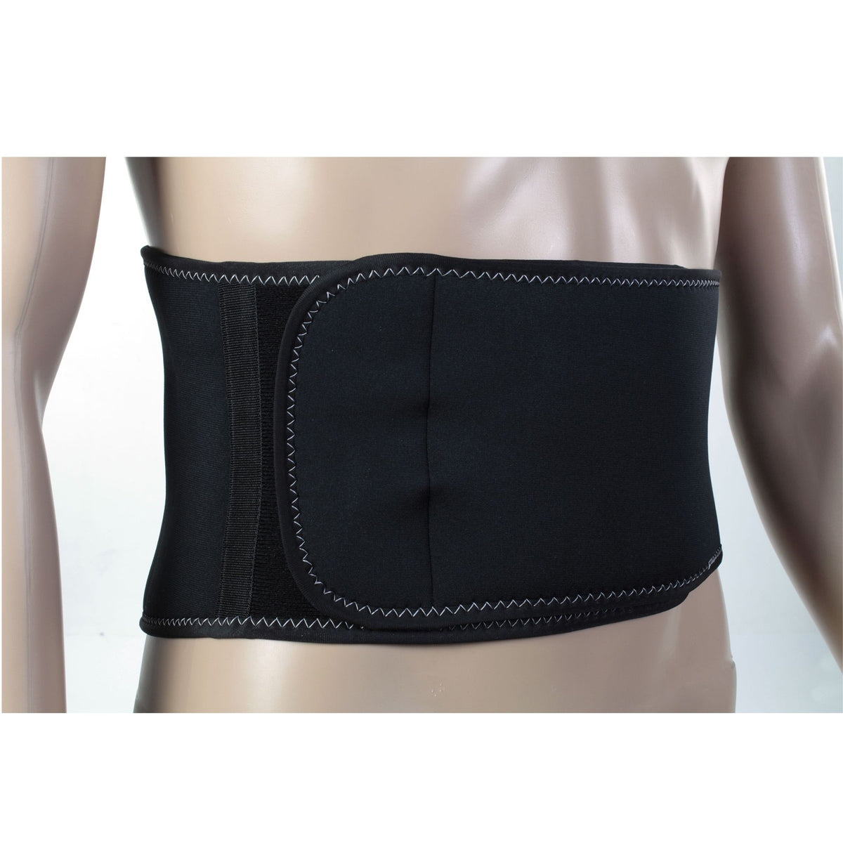 A black waist support belt with white zigzag stitching, displayed on a beige mannequin torso against a white background. bikeit motorcycle waist warmer 