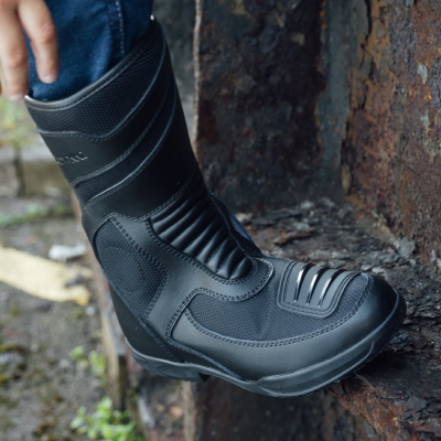 Close up of childrens motorcycle boots.
