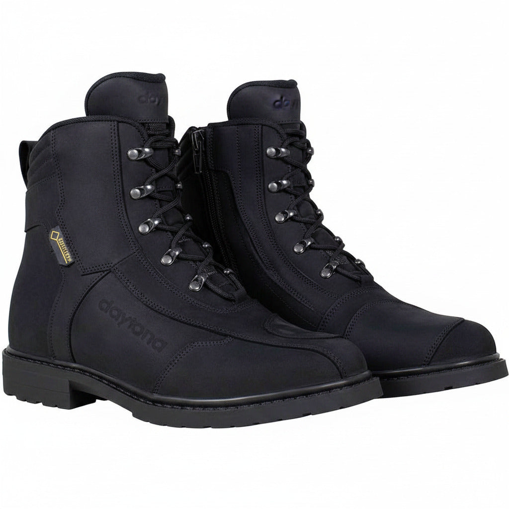 Black daytona ac classics boots with a visible brand logo on a white background