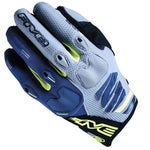 A pair of XVE motocross gloves in light gray and navy blue with neon yellow accents, shown on a plain white background.